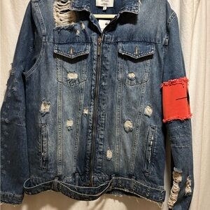 Distressed Jaffray Denim Jacket with Red Patch graffiti